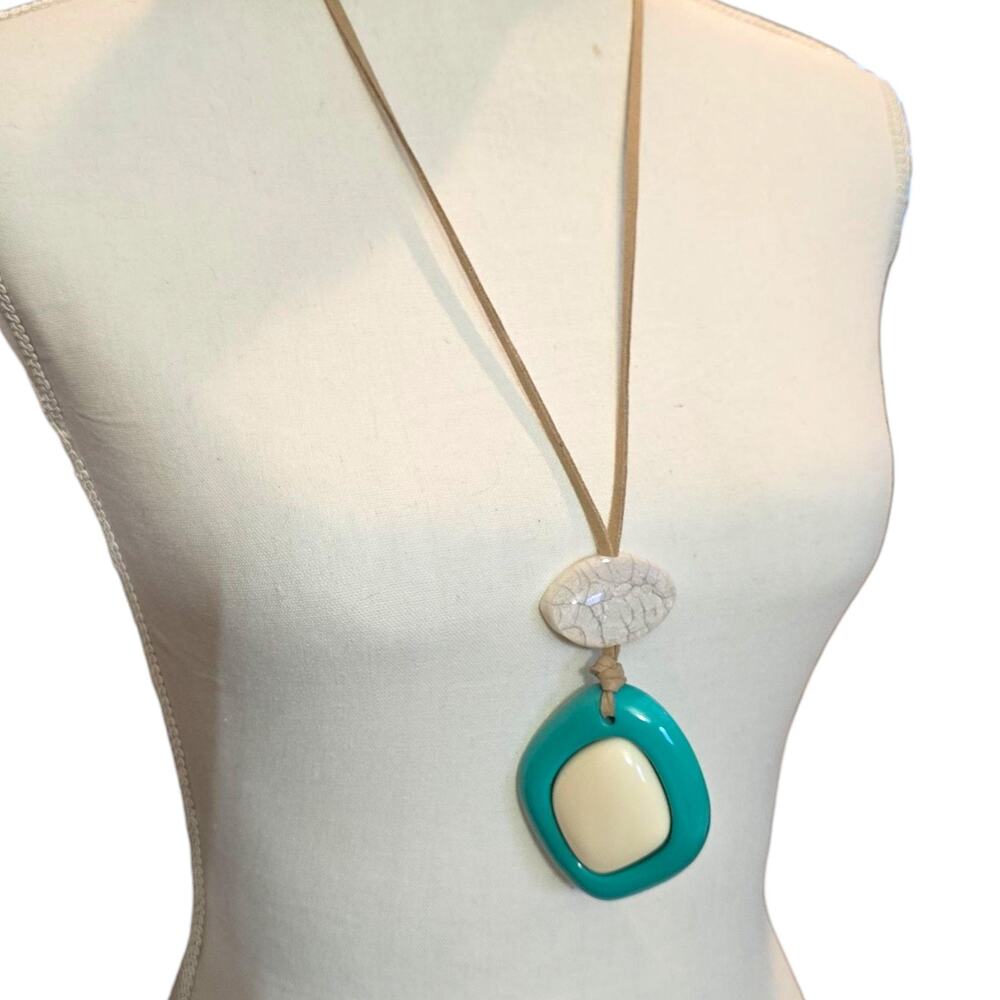 Teal Green Necklace Pendant Abstract Acrylic Faux Suede Beige Statement 1946
